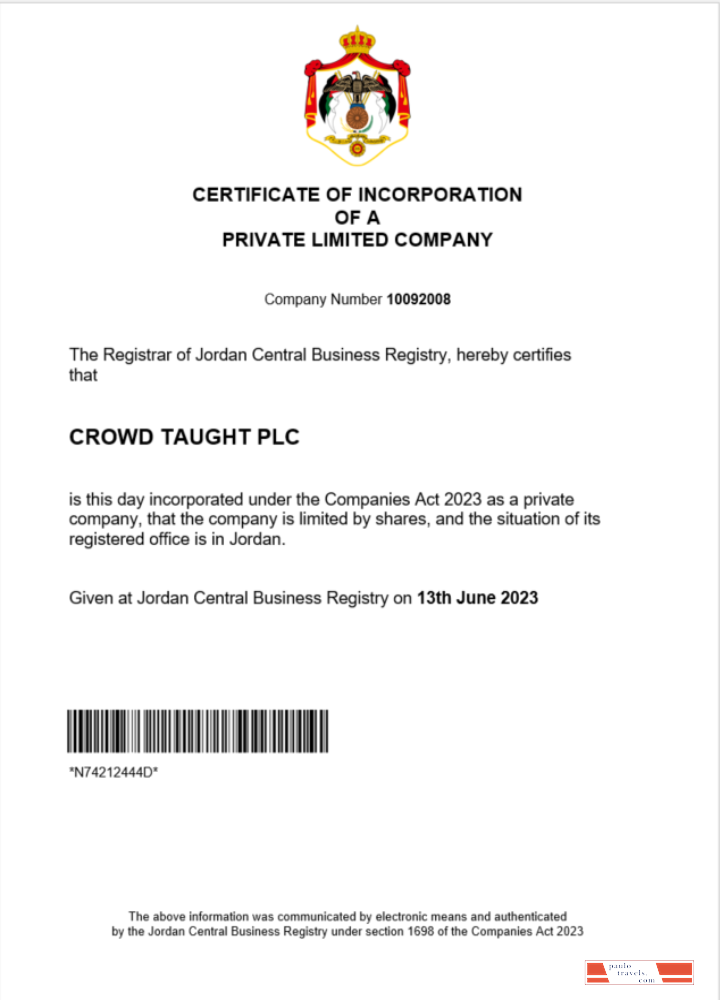 Jordan certificate of registration Word and PDF template
